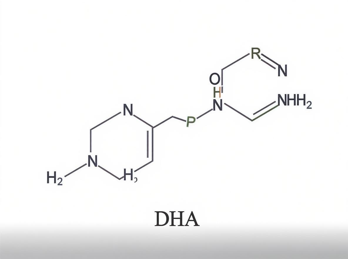Chemical structure diagram of DHA (dihydroxyacetone) molecule showing molecular bonds and atoms