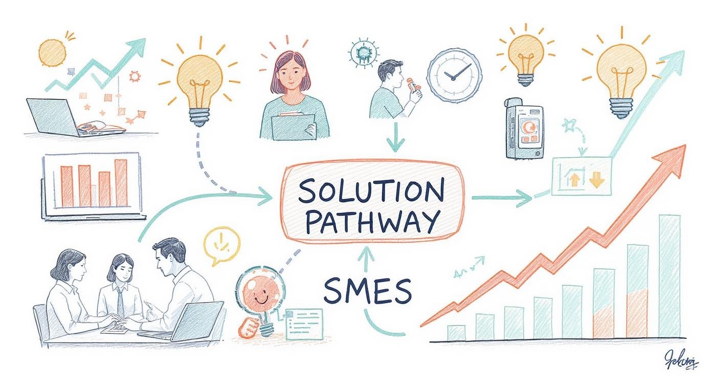 Solution pathway showing business people collaborating on AI implementation with training sessions and success symbols