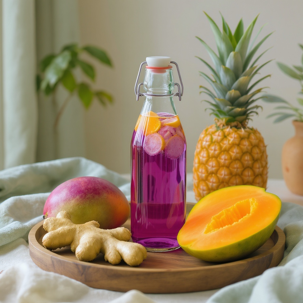 Hydratation sacrée avec cristaux et fruits tropicaux