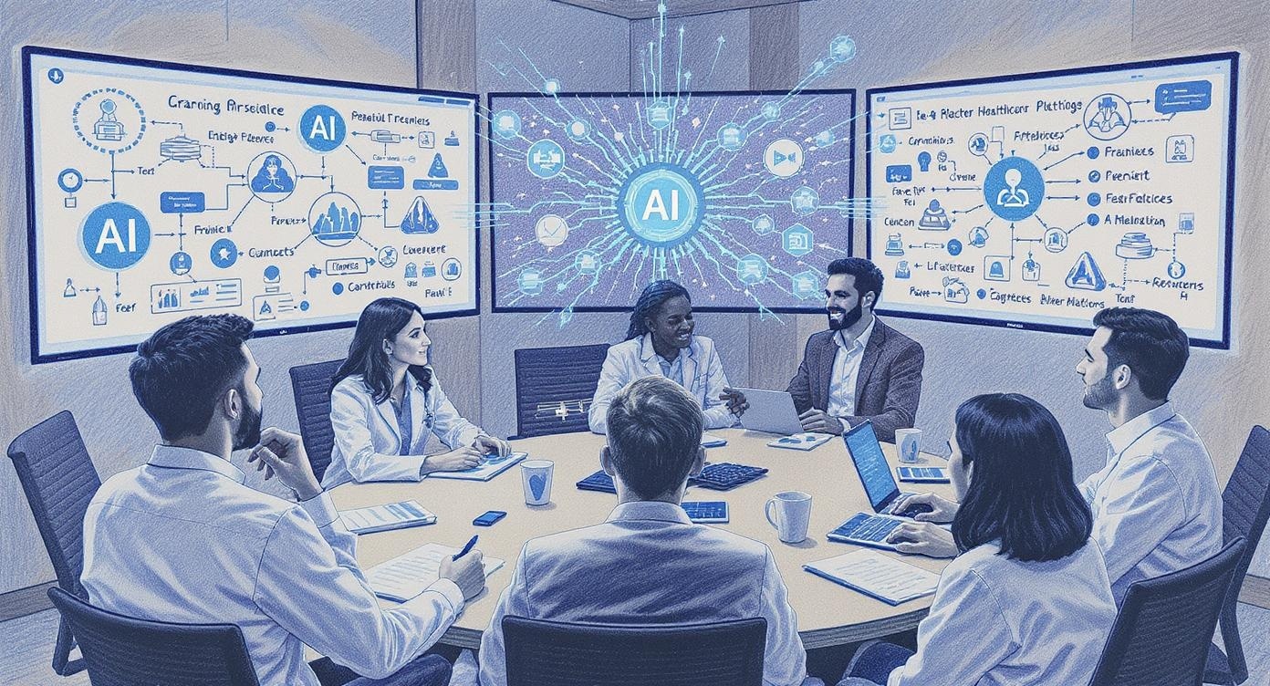 Healthcare team collaboration meeting with AI tools on screens