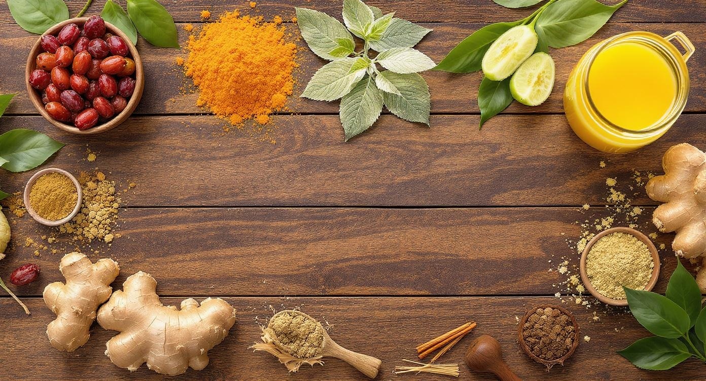Beautiful arrangement of 7 Ayurvedic superfoods including amla, turmeric, tulsi, ginger, ashwagandha, giloy, and ghee on wooden background