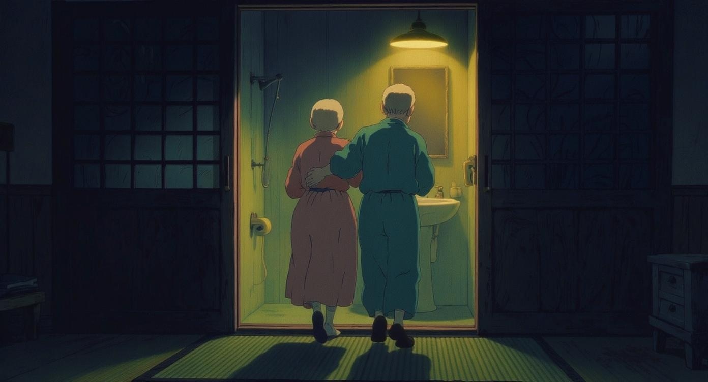 夜中にトイレに向かう夫婦