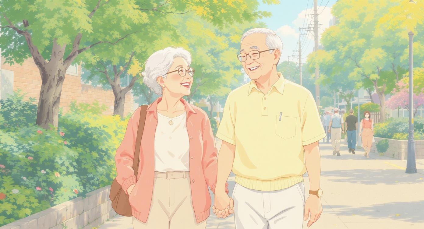 手を取り合って歩く高齢者夫婦