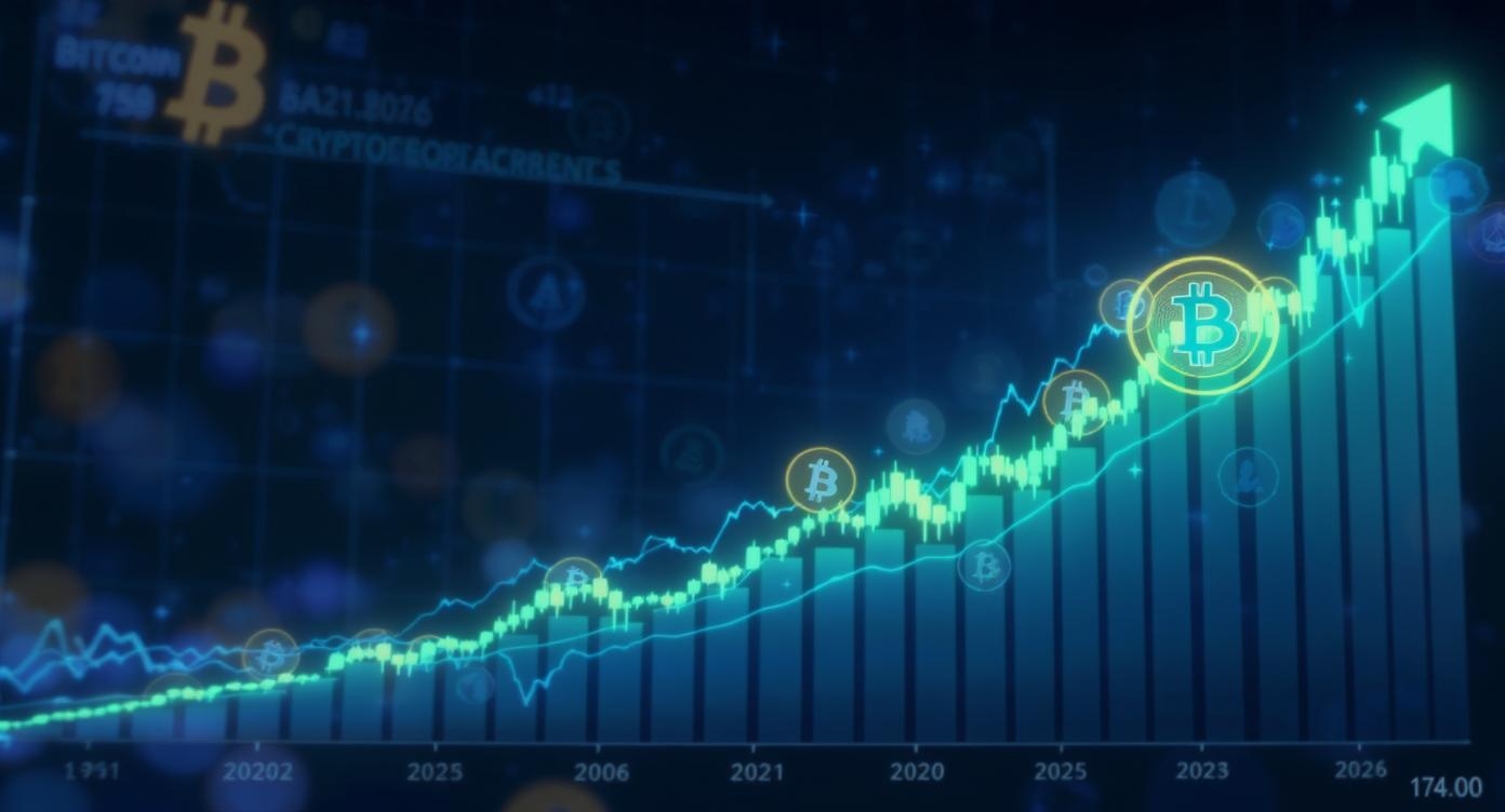 暗号通貨市場の予測グラフ、上昇トレンドのチャート、Bitcoin価格の上昇線