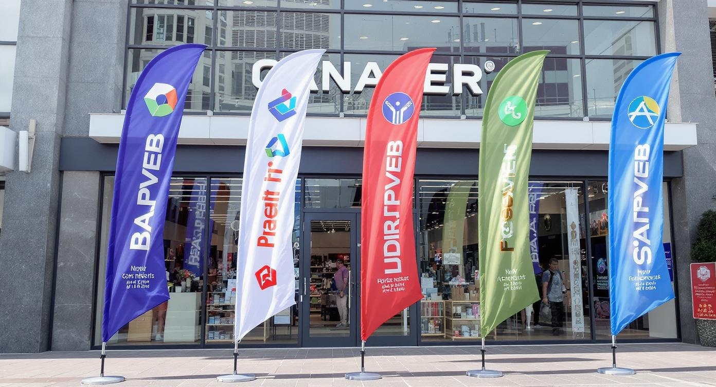 Custom feather flags displayed in front of businesses to attract customers