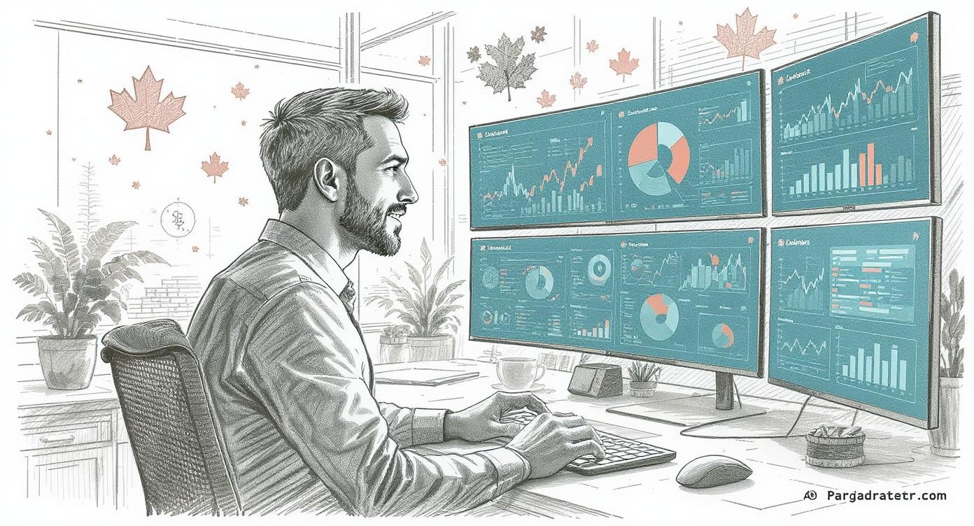 AI Implementation Paradox illustration showing Canadian SME business owner with mixed emotions looking at AI dashboards