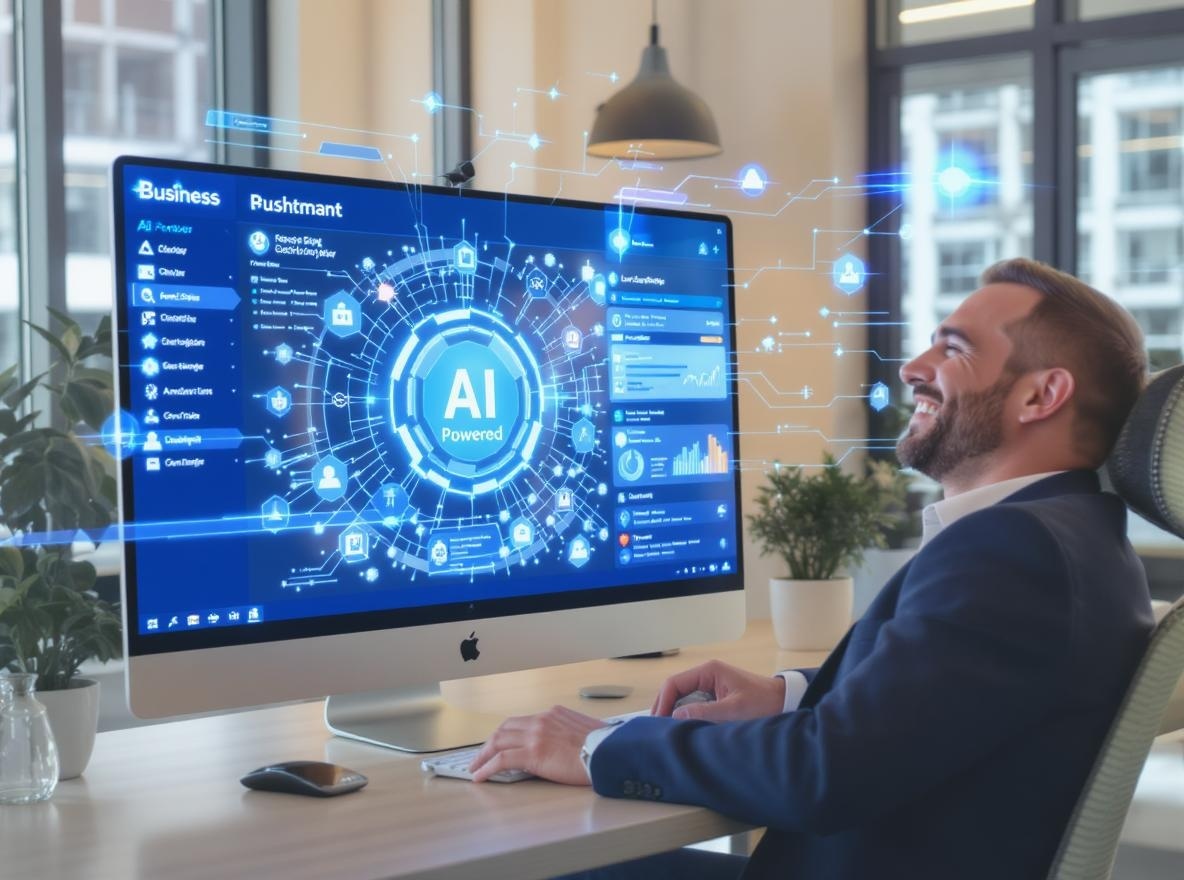 Modern office scene showing AI dashboard with successful business automation