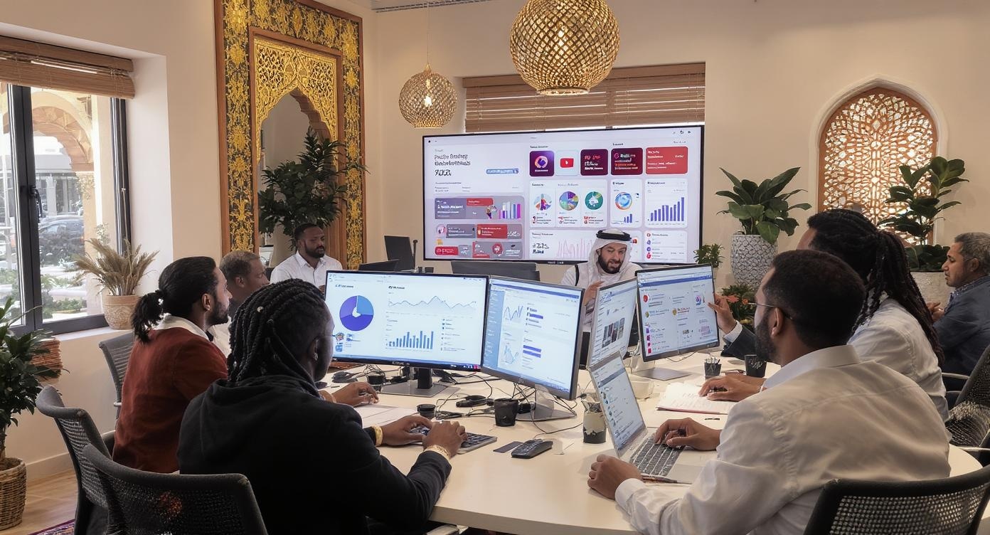Équipe professionnelle agence marketing digital maroc analysant campagnes et stratégies digitales