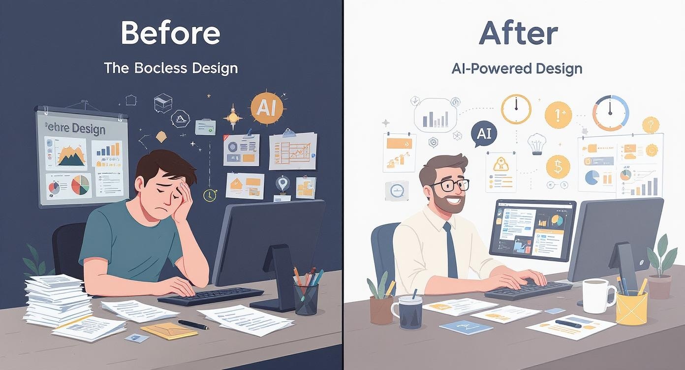 Before and after comparison showing traditional vs AI-powered design process