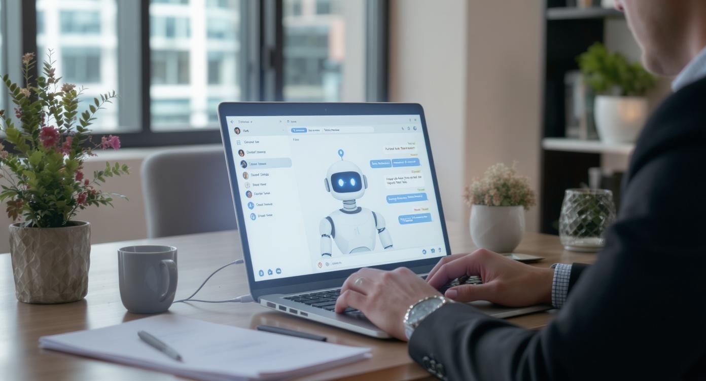 Professional business person using laptop with AI chatbot interface in modern office