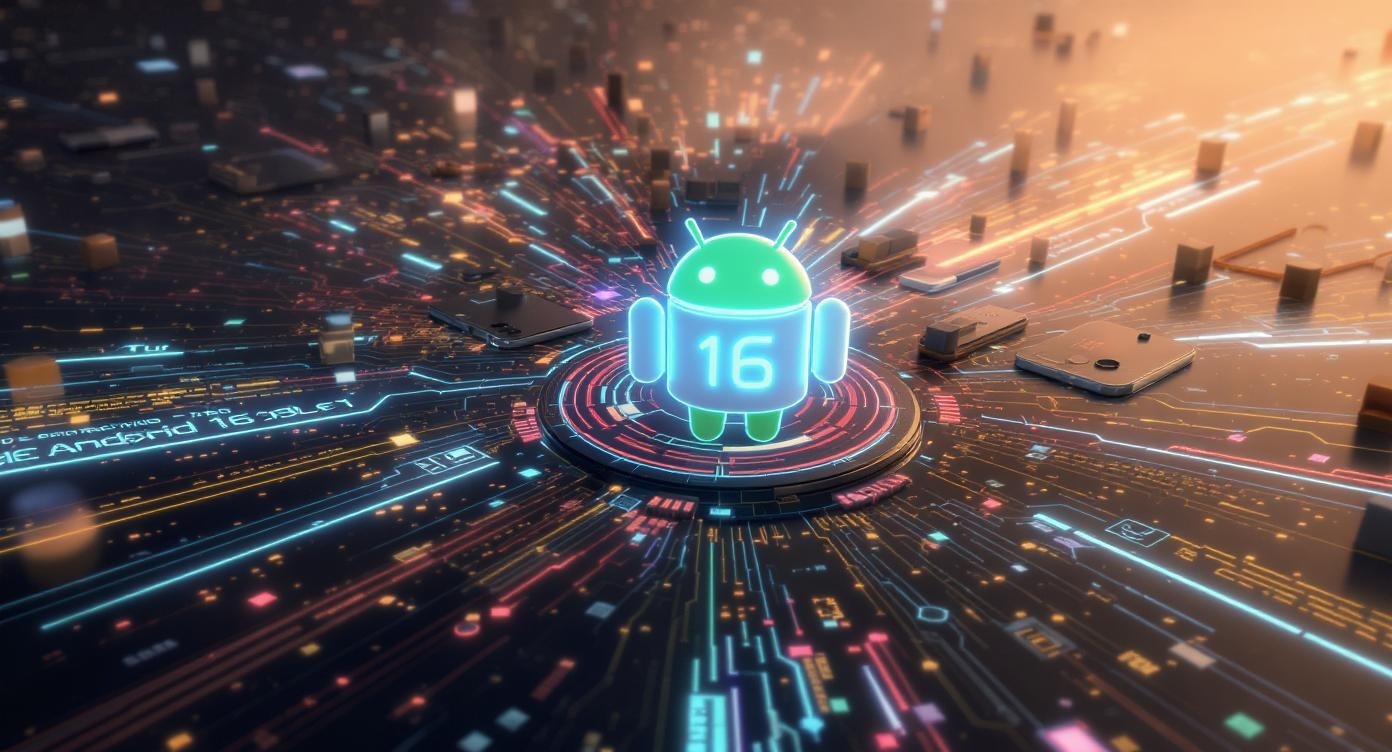 Visione futuristica dell'impatto di Android 16 nel mobile computing con ecosistema digitale avanzato