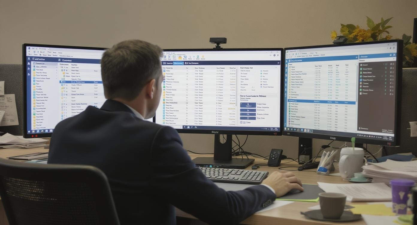 Business professional reviewing customer database and files on multiple monitors in organized office
