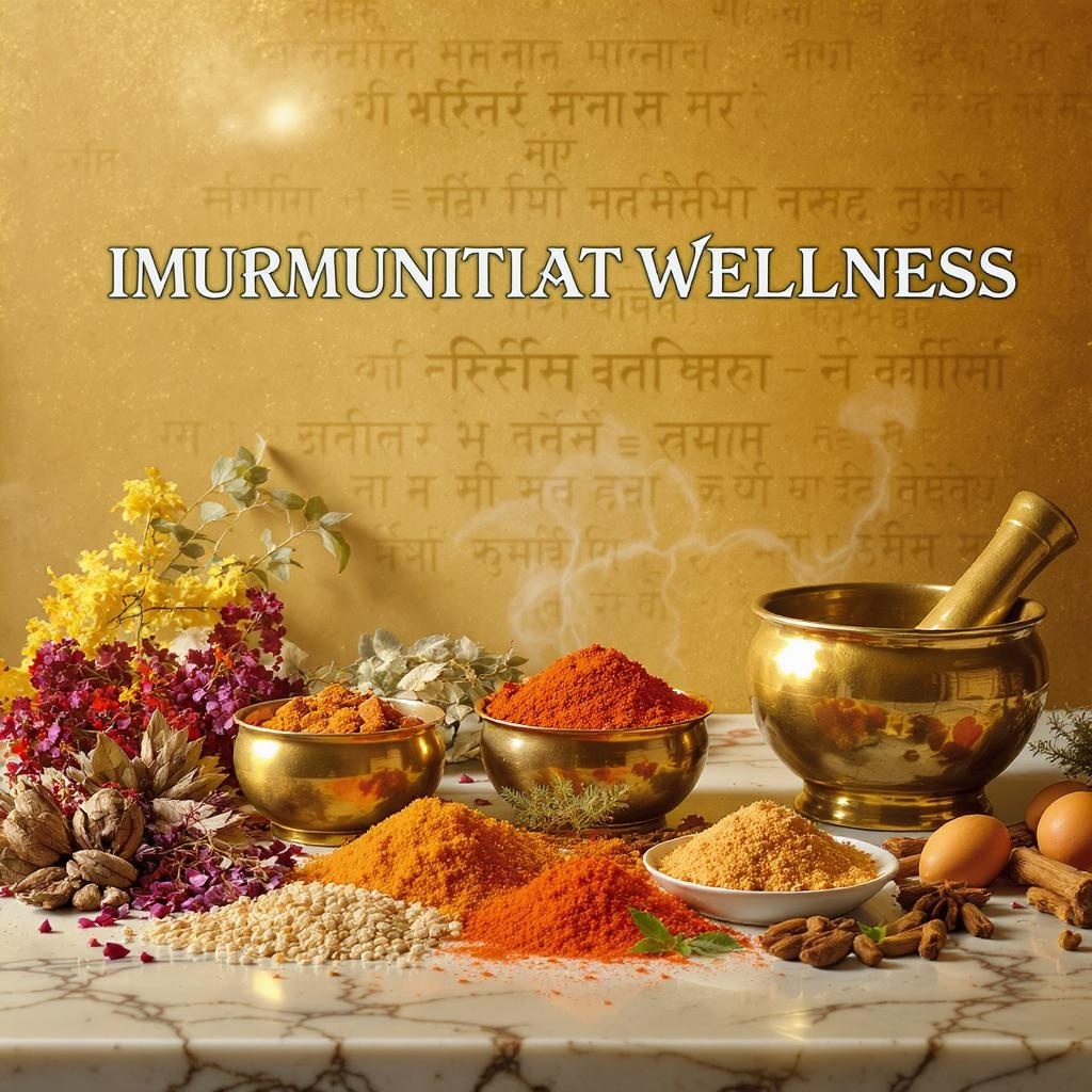 Traditional Ayurvedic herbs and spices arrangement with brass bowls and ancient wellness elements