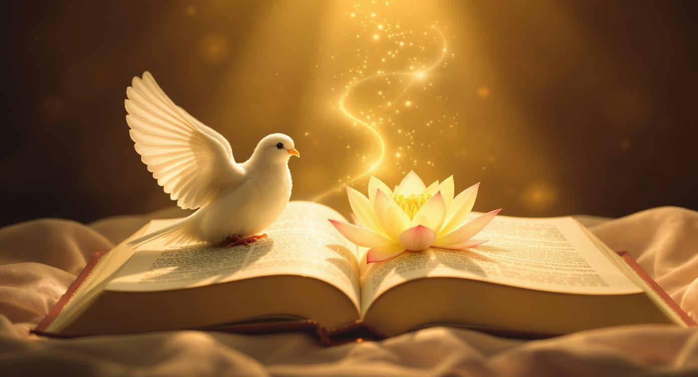 Open Bible with dove and lotus flower