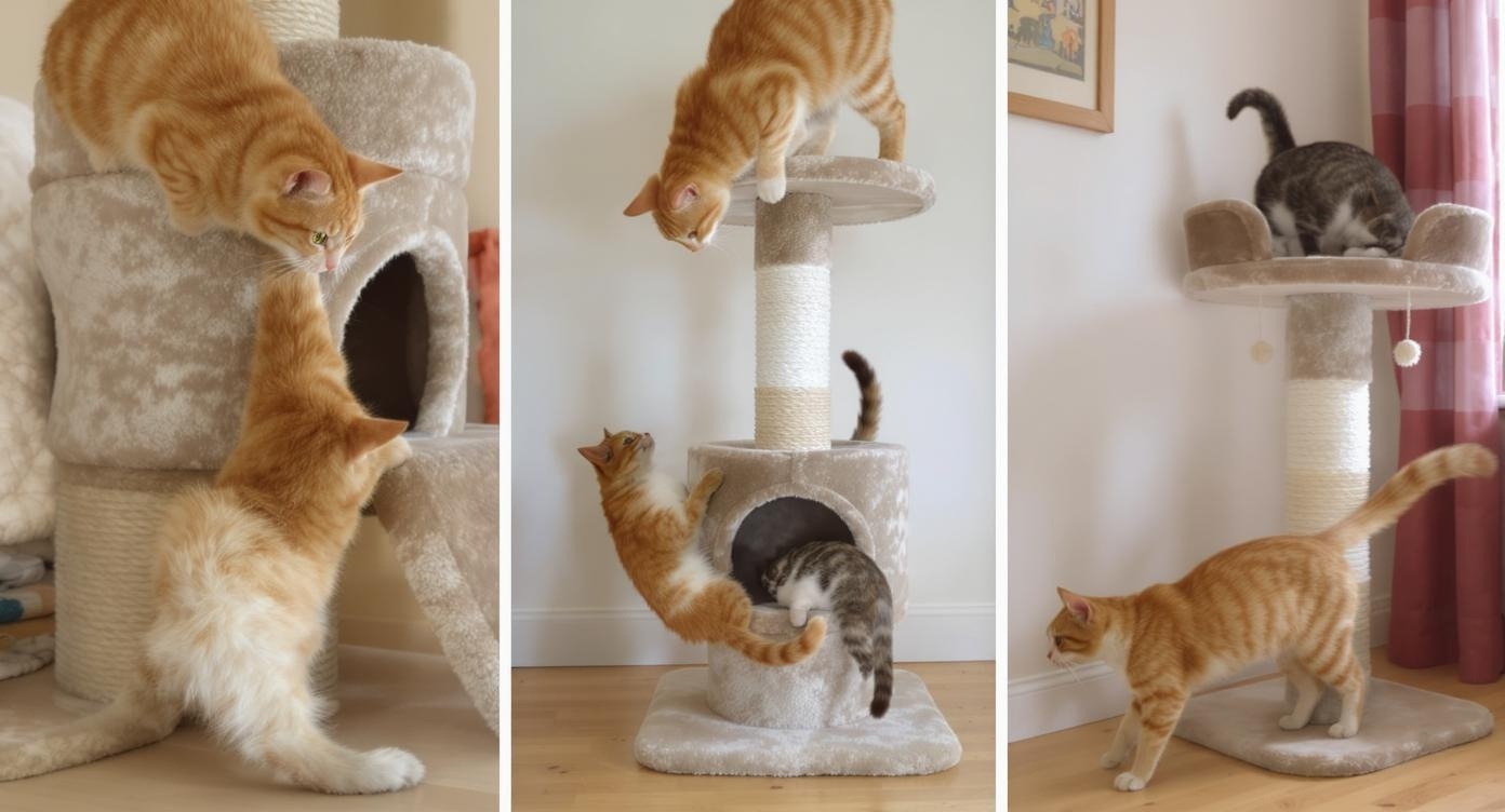 キャットタワーで運動する猫