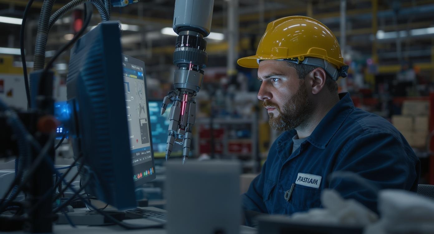 Lavoratore preoccupato davanti al computer mentre una mano robotica si avvicina alla tastiera