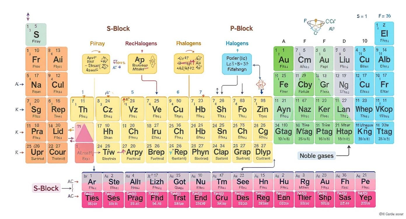S-block and P-block elements periodic table diagram showing electronegativity patterns and electron configurations