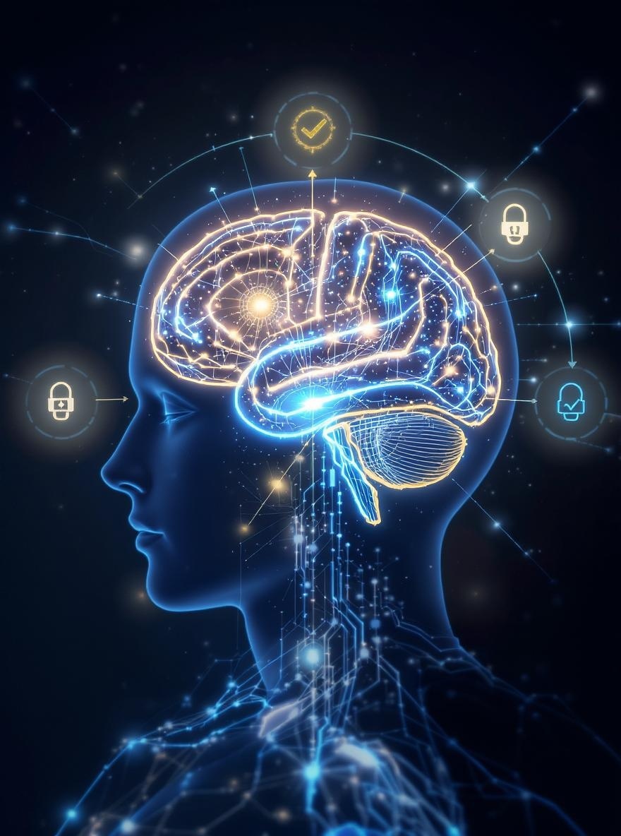 Rappresentazione concettuale di un'intelligenza artificiale che apprende autonomamente attraverso feedback interno, con connessioni neurali illuminate che formano cicli di auto-miglioramento