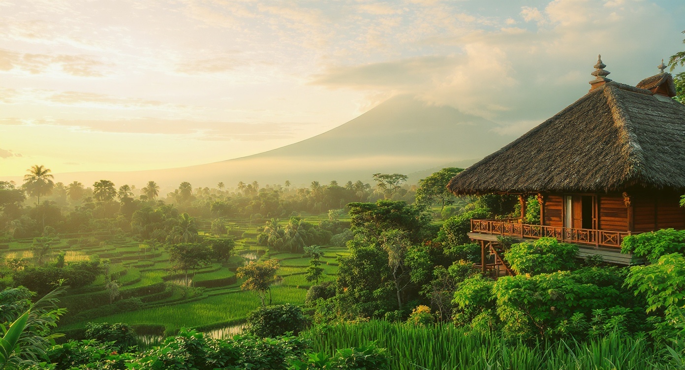 Villa balinaise traditionnelle avec rizières de Jatiluwih et mont Agung
