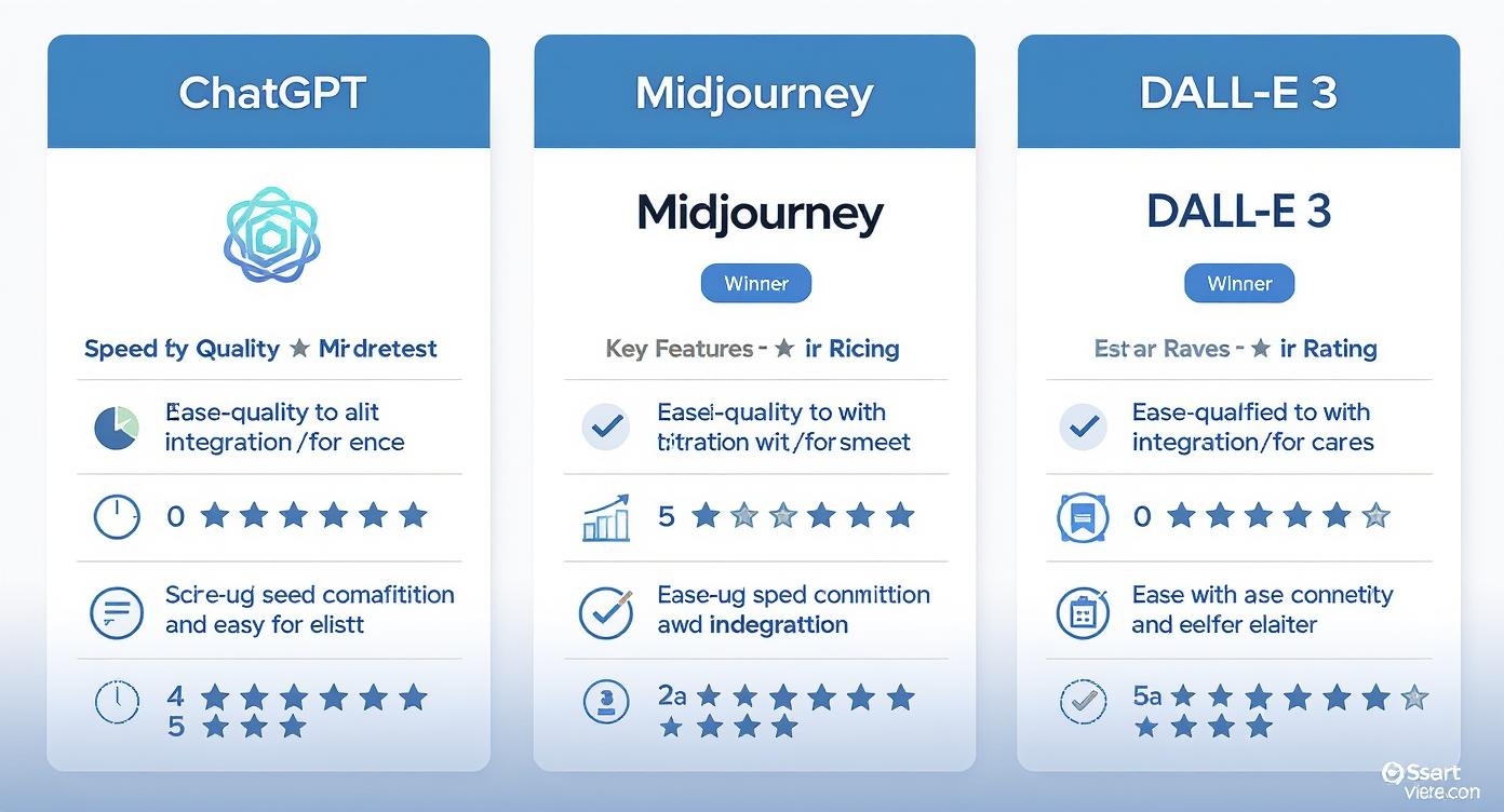 Professional infographic comparing ChatGPT, Midjourney, and DALL-E 3 AI design tools