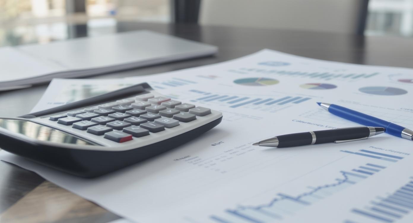 Professional business calculator and financial documents showing profit analysis