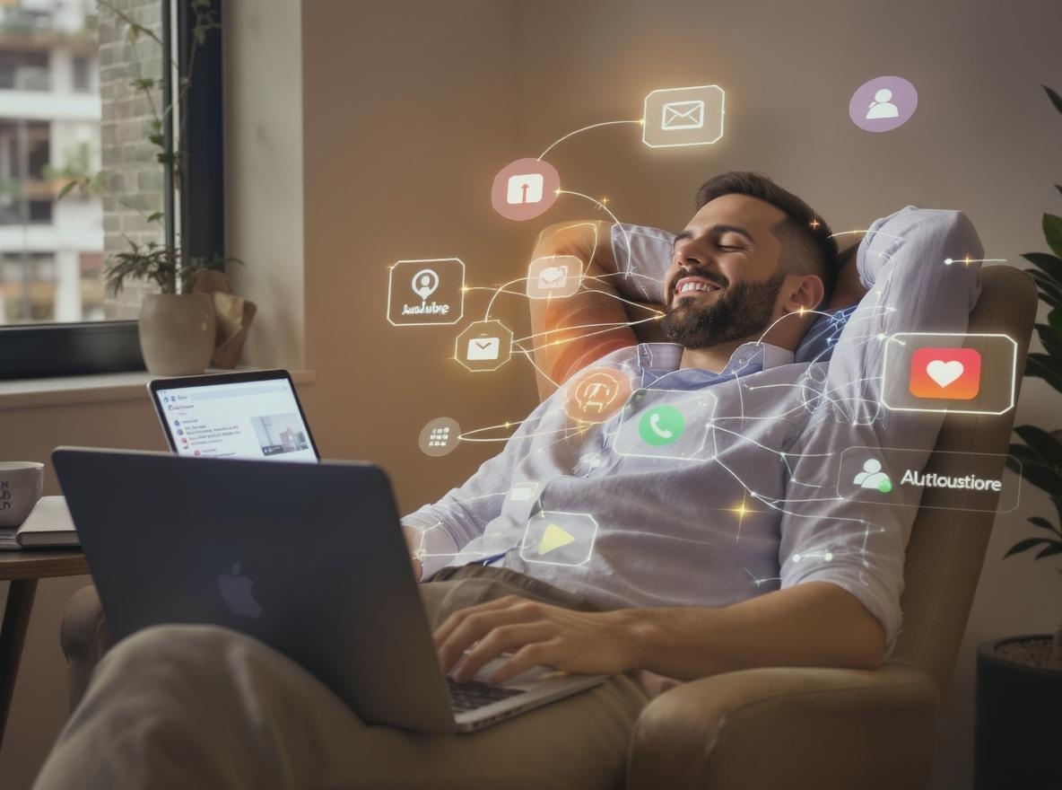 Relaxed business owner in office chair while multiple devices show social media platforms running automatically Relaxed business owner in office chair while multiple devices show social media platforms running automatically