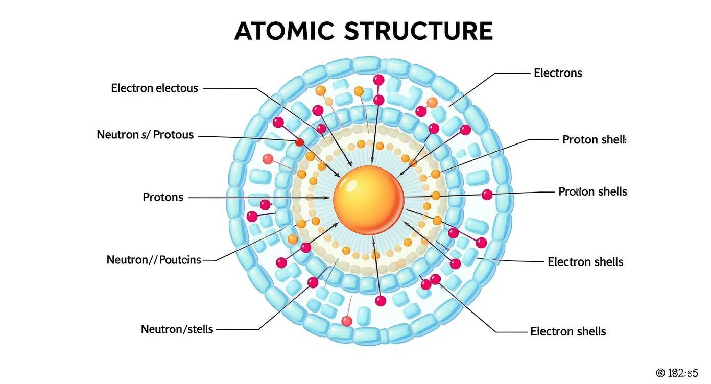 atomic structure diagram showing nucleus electrons protons neutrons