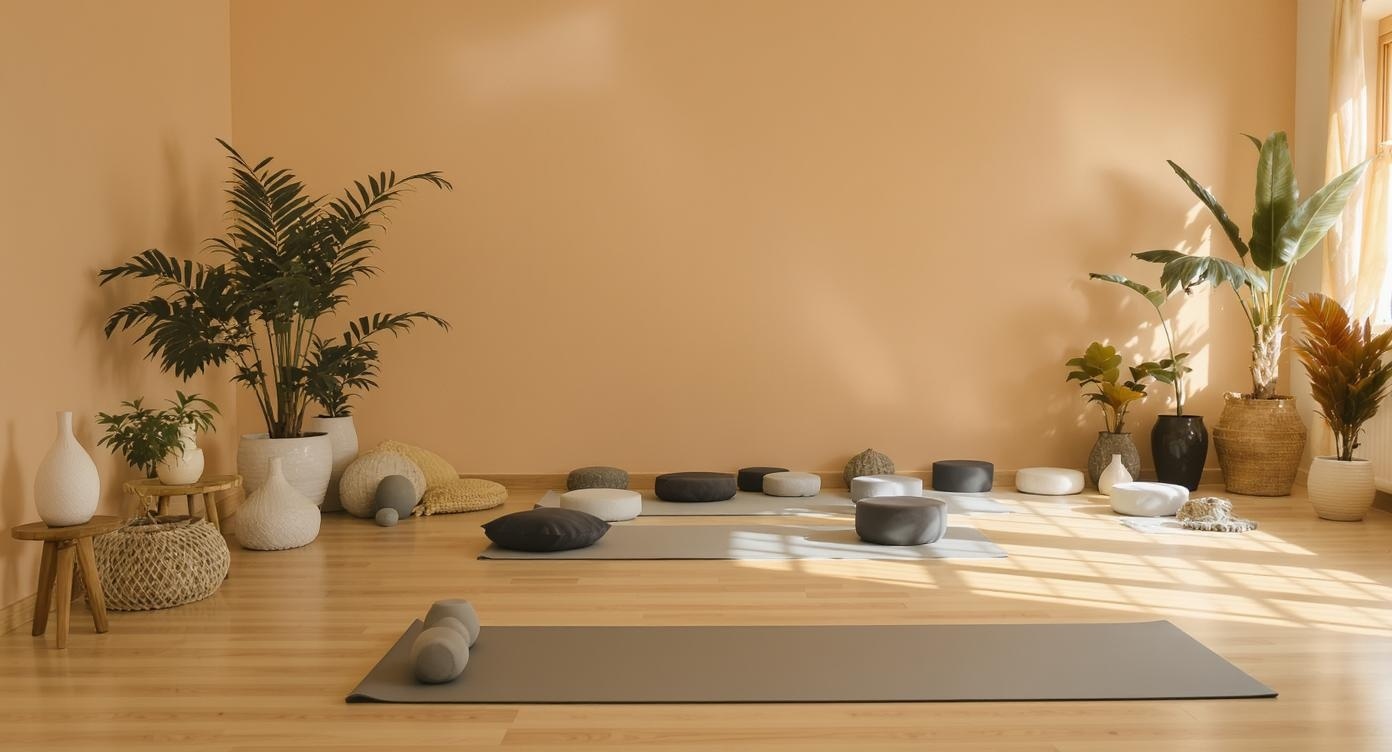 Peaceful yoga studio environment for breath of fire practice