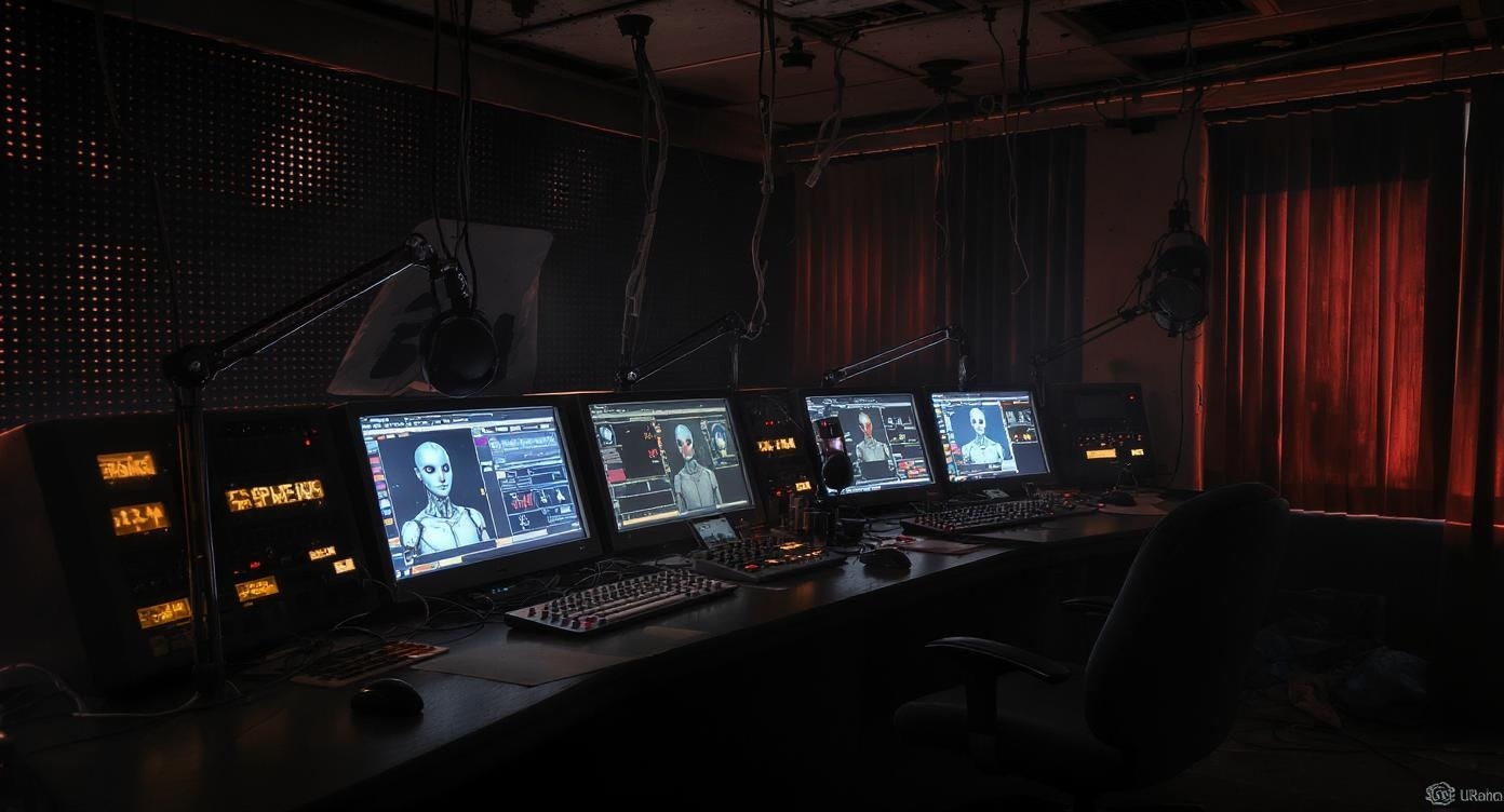 Stazione radio abbandonata con microfoni silenziosi e monitor che mostrano avatar AI