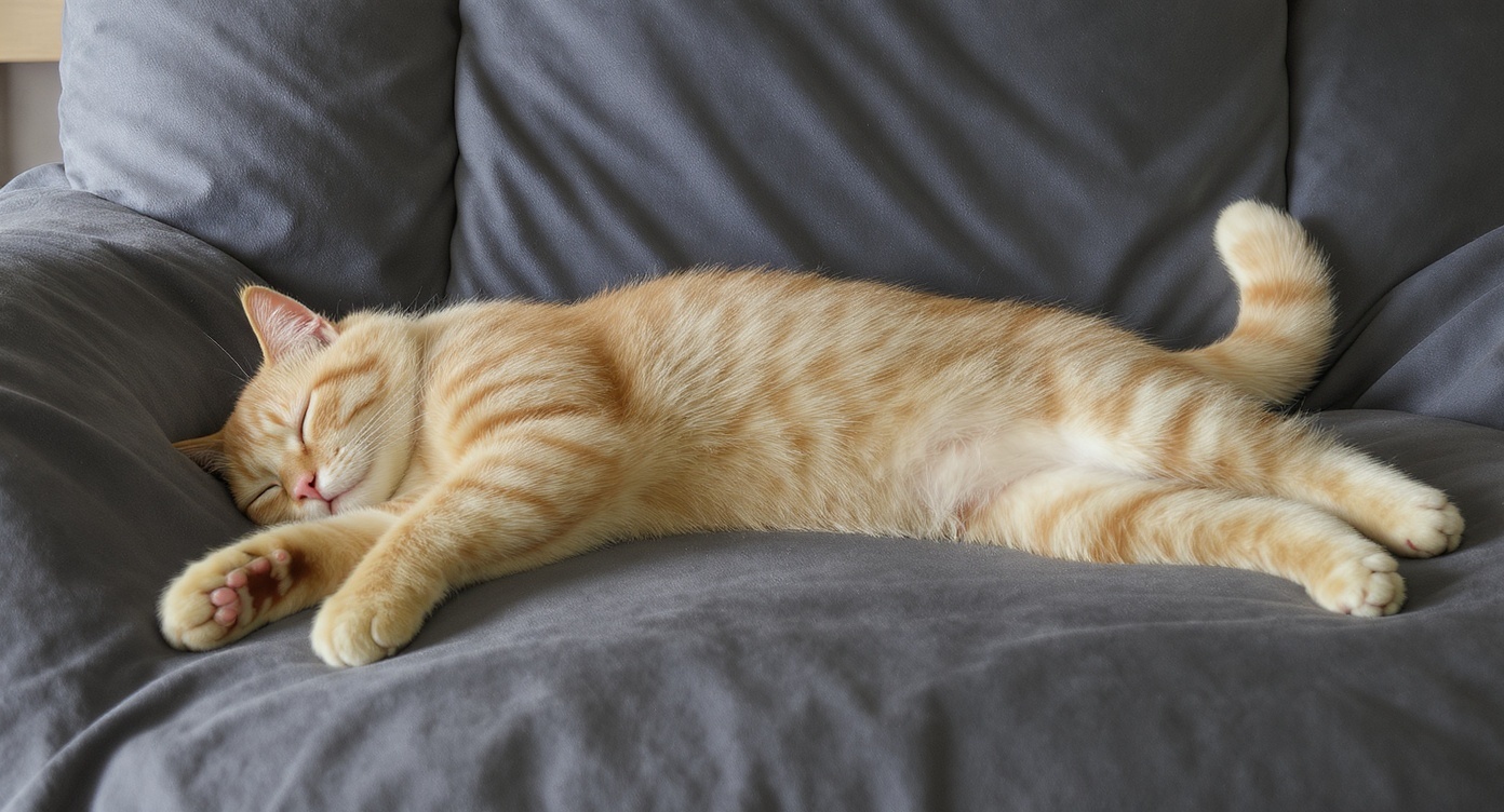 スーパーマンのように手足を伸ばして寝る猫