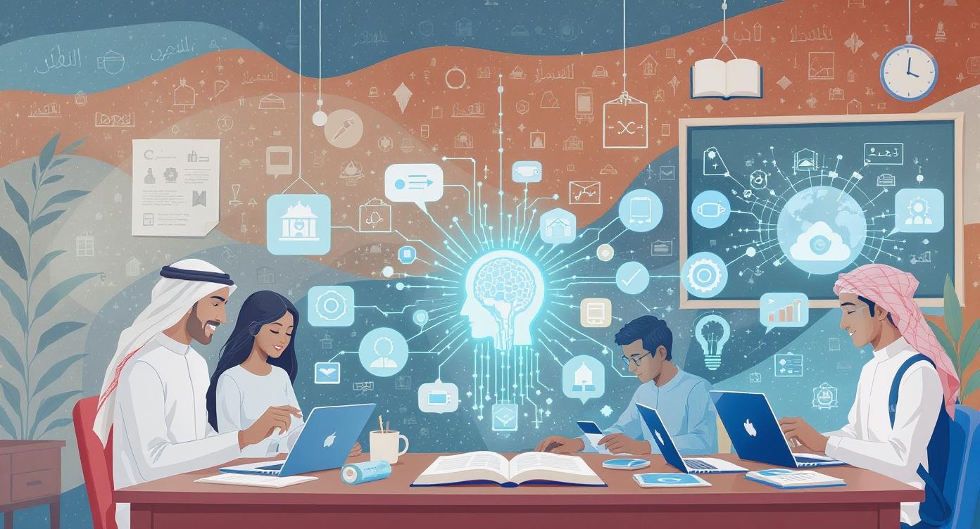 A glowing, digital brain symbolizing the revolution of artificial intelligence in Arab education.