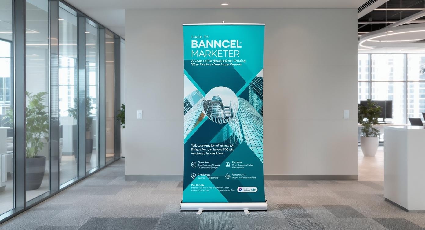 Professional custom business banner display in a modern office setting