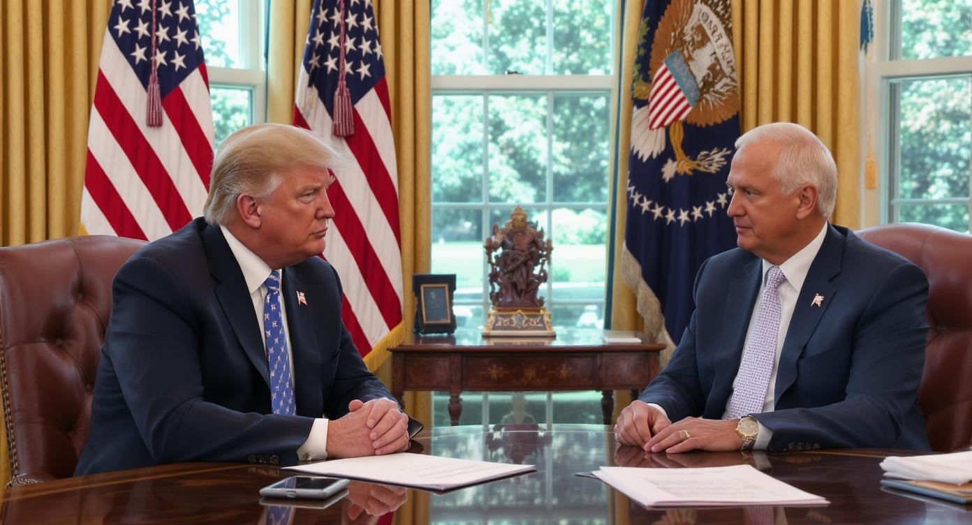 2025年のアメリカ大統領執務室でのトランプ大統領とFRB議長候補者の面談シーン