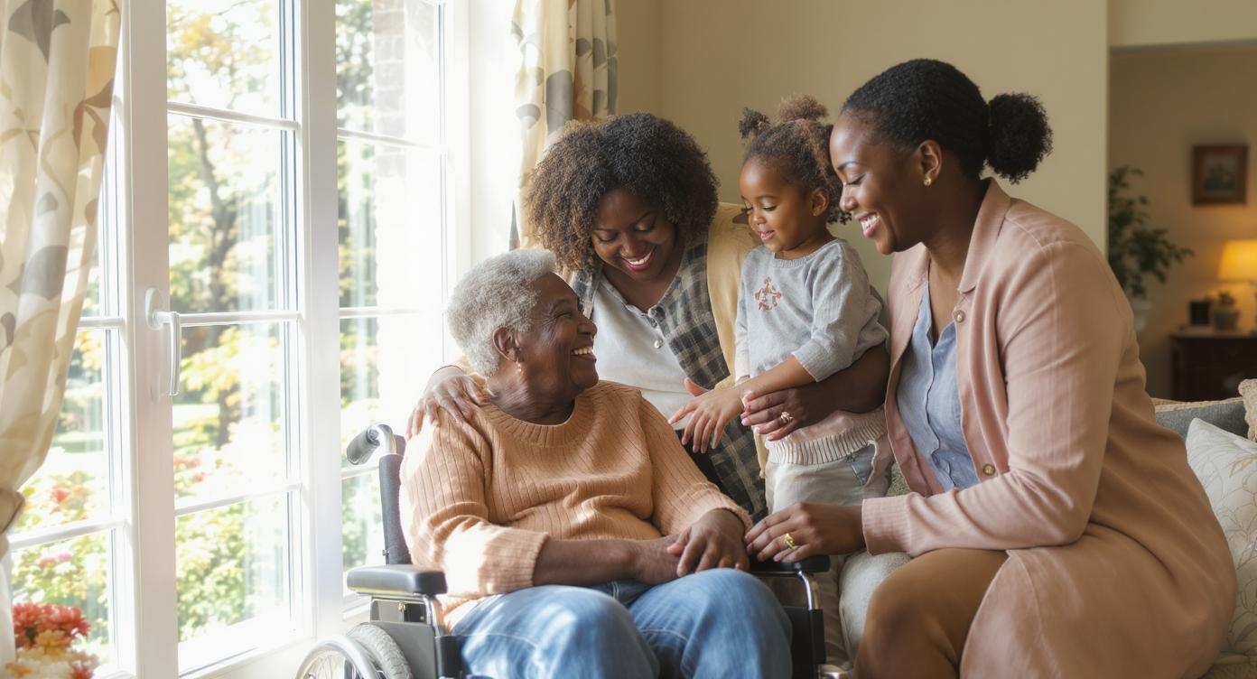 Loving family visiting their adult child with disabilities