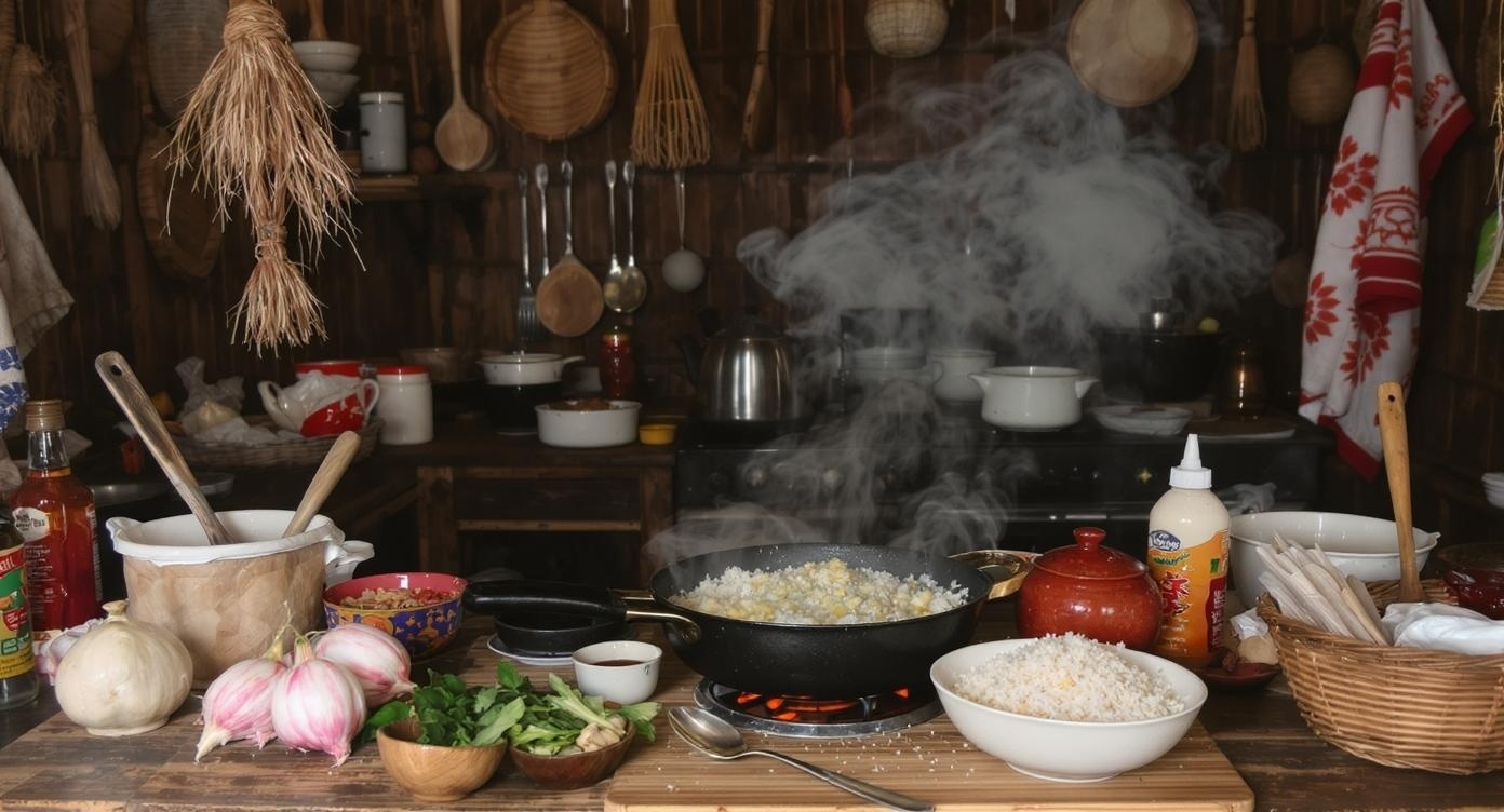 タイの田舎の家のキッチンでバターライスを作る様子