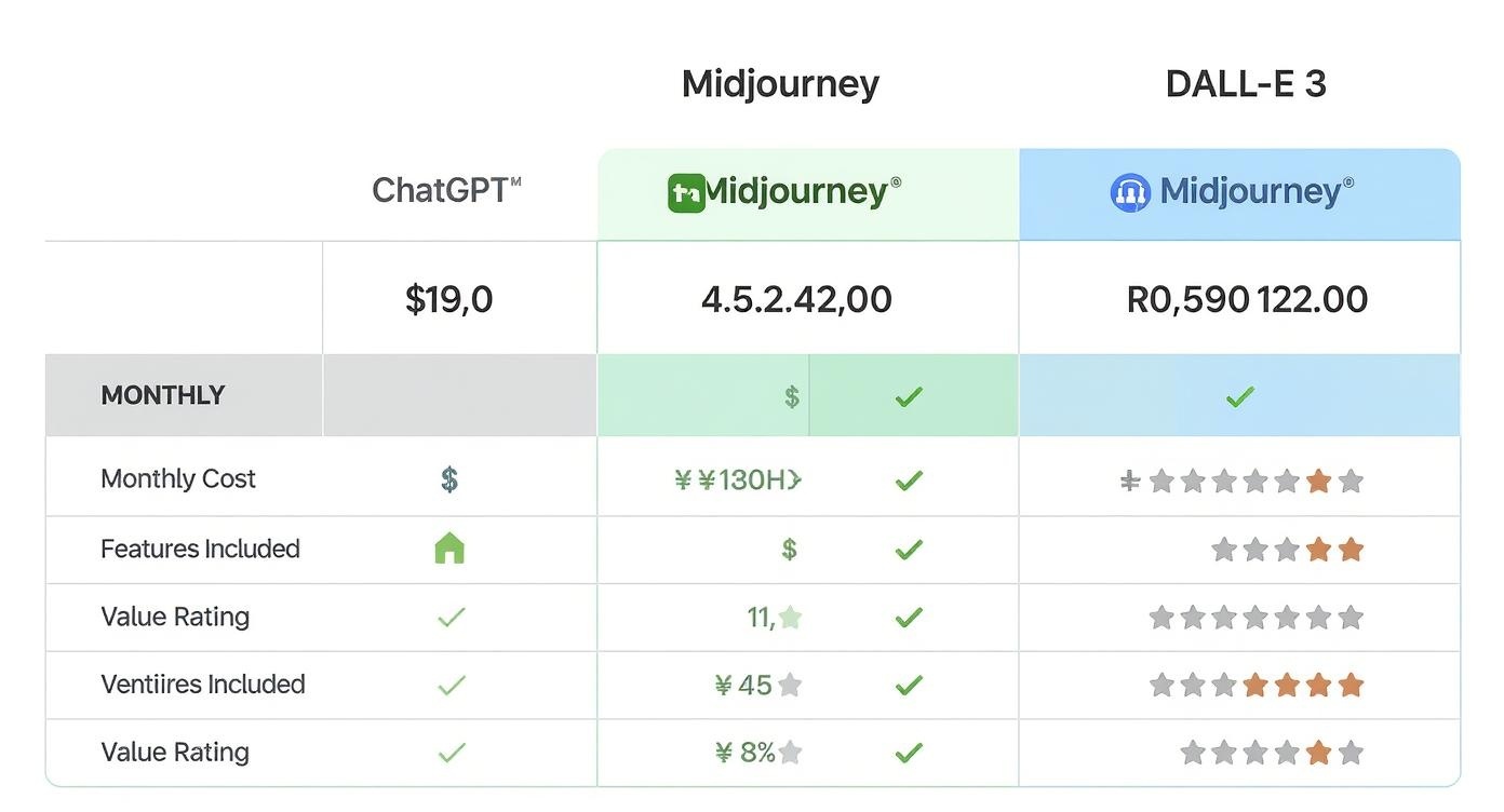 Pricing comparison chart for ChatGPT, Midjourney, and DALL-E 3