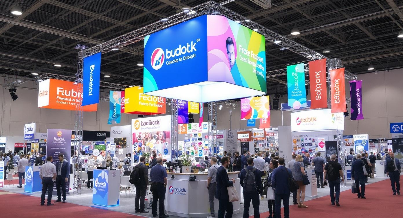 Trade show exhibition booth with colorful promotional banners and flags