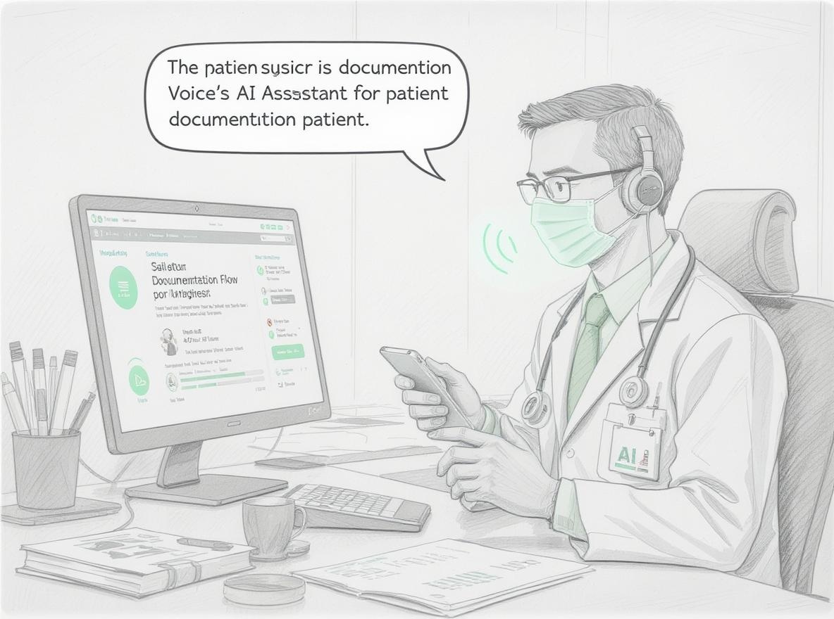 Doctor using voice AI assistant for patient documentation in clean medical office
