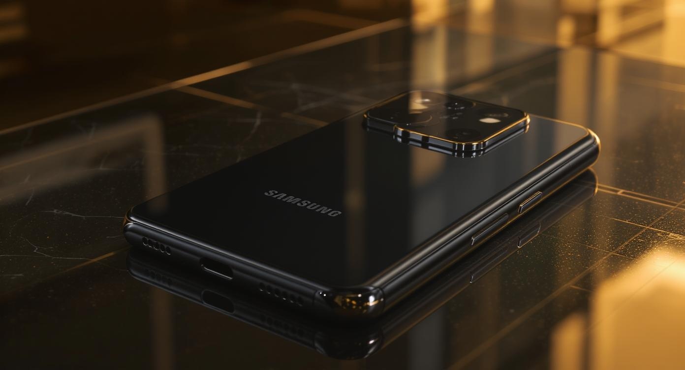 Samsung Galaxy S25 Ultra in titanium nero con illuminazione cinematografica premium e focus sulla fotocamera quadrupla da 200MP