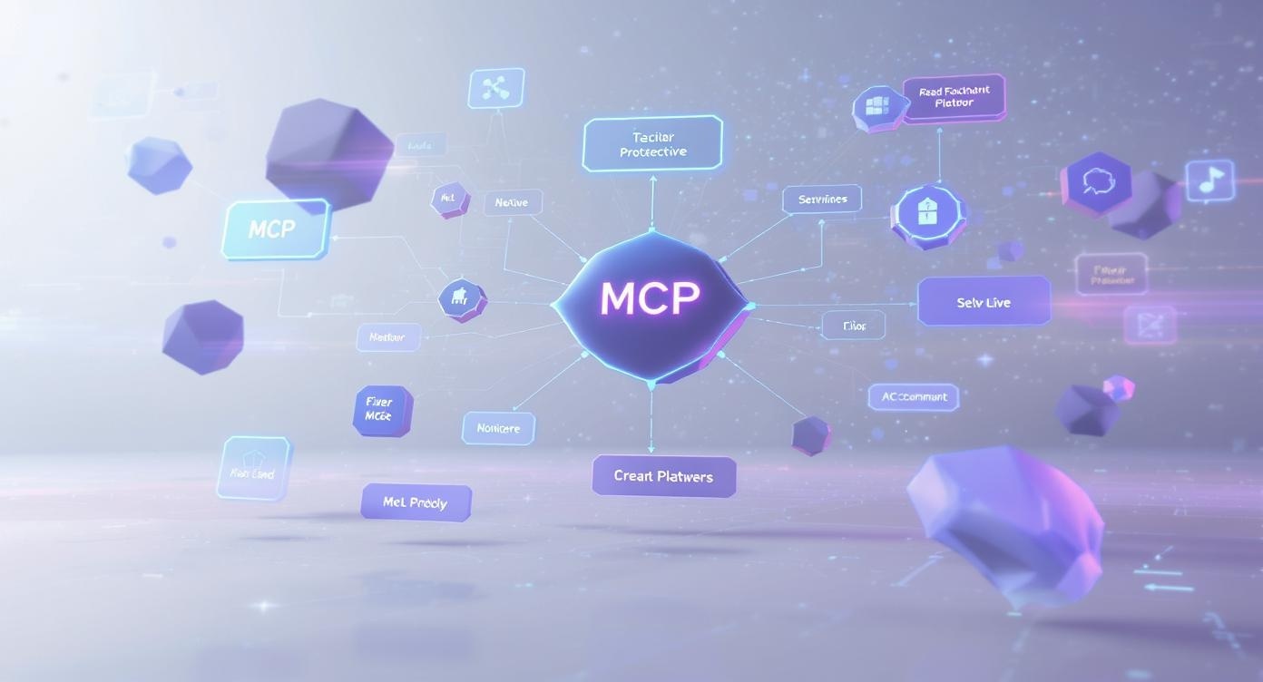 Diagramma tecnico MCP con nodi di integrazione e flussi dati tra agenti AI