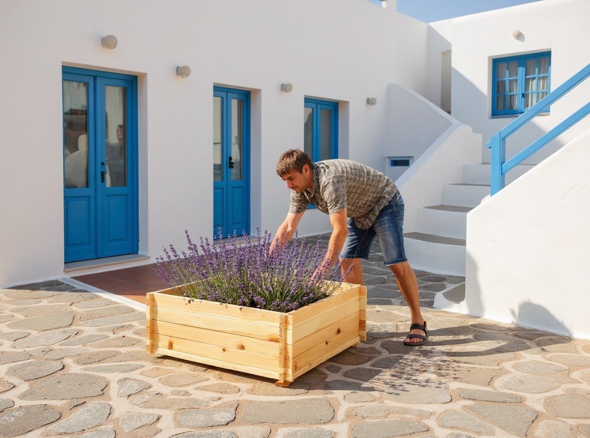 Man with lavender planter in Greek courtyard