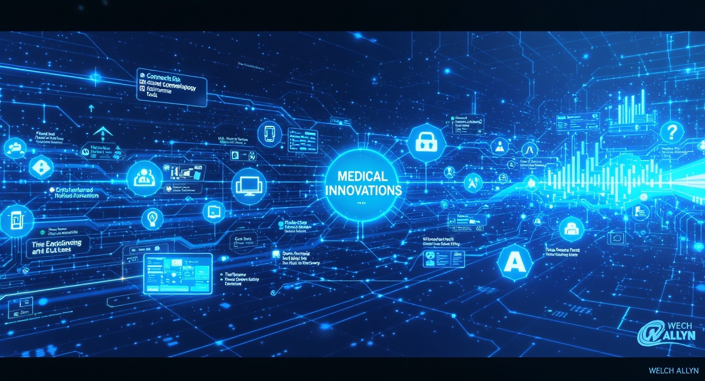 WELCH ALLYN CHRONOLOGIE DES INNOVATIONS MÉDICALES -CHRONOLOGIE DES INNOVATIONS MÉDICALES - VITRINE DE TECHNOLOGIES MÉDICALES FUTURISTES PRÉSENTANT DES APPAREILS DE SANTÉ CONNECTÉS, DES OUTILS DE DIAGNOSTIC NUMÉRIQUES, DES SYSTÈMES DE SURVEILLANCE SANS FIL ET LA TÉLÉMÉDECINE