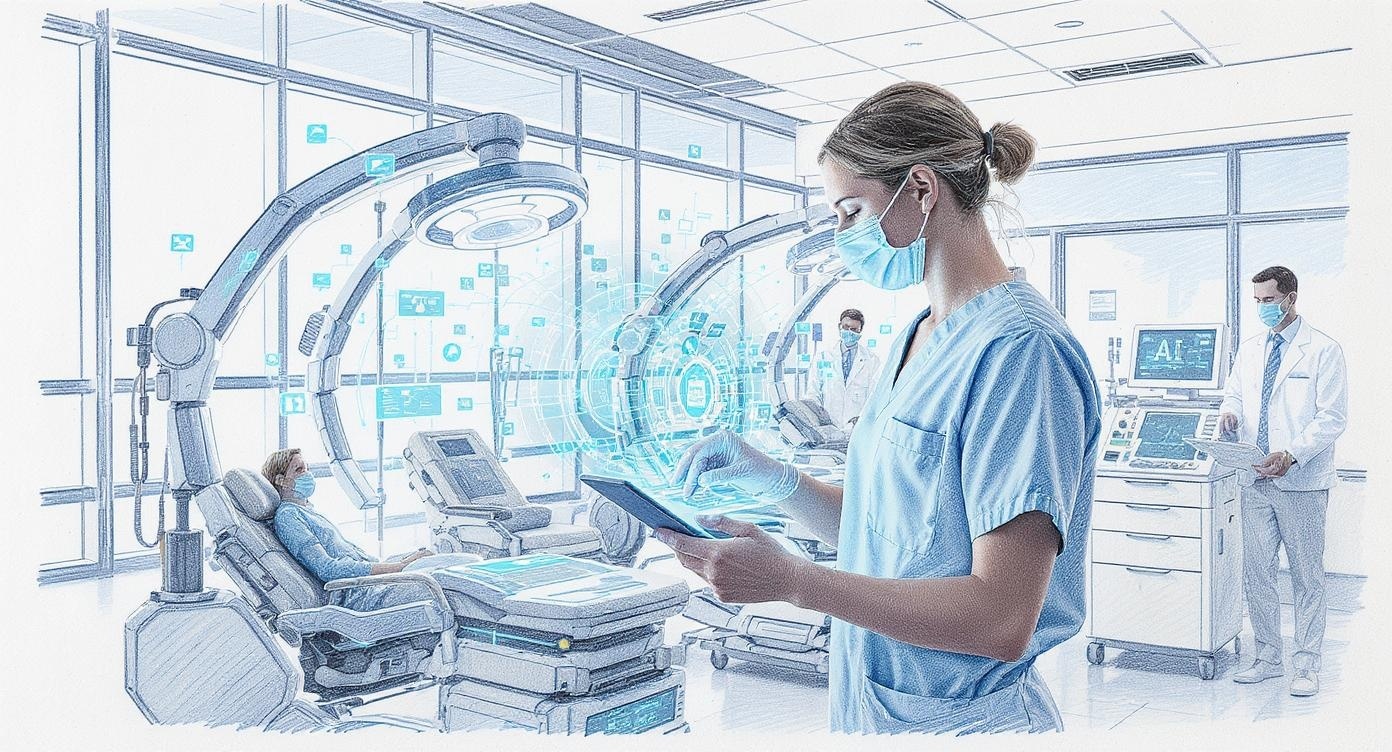 Healthcare professional using AI tablet in modern hospital setting