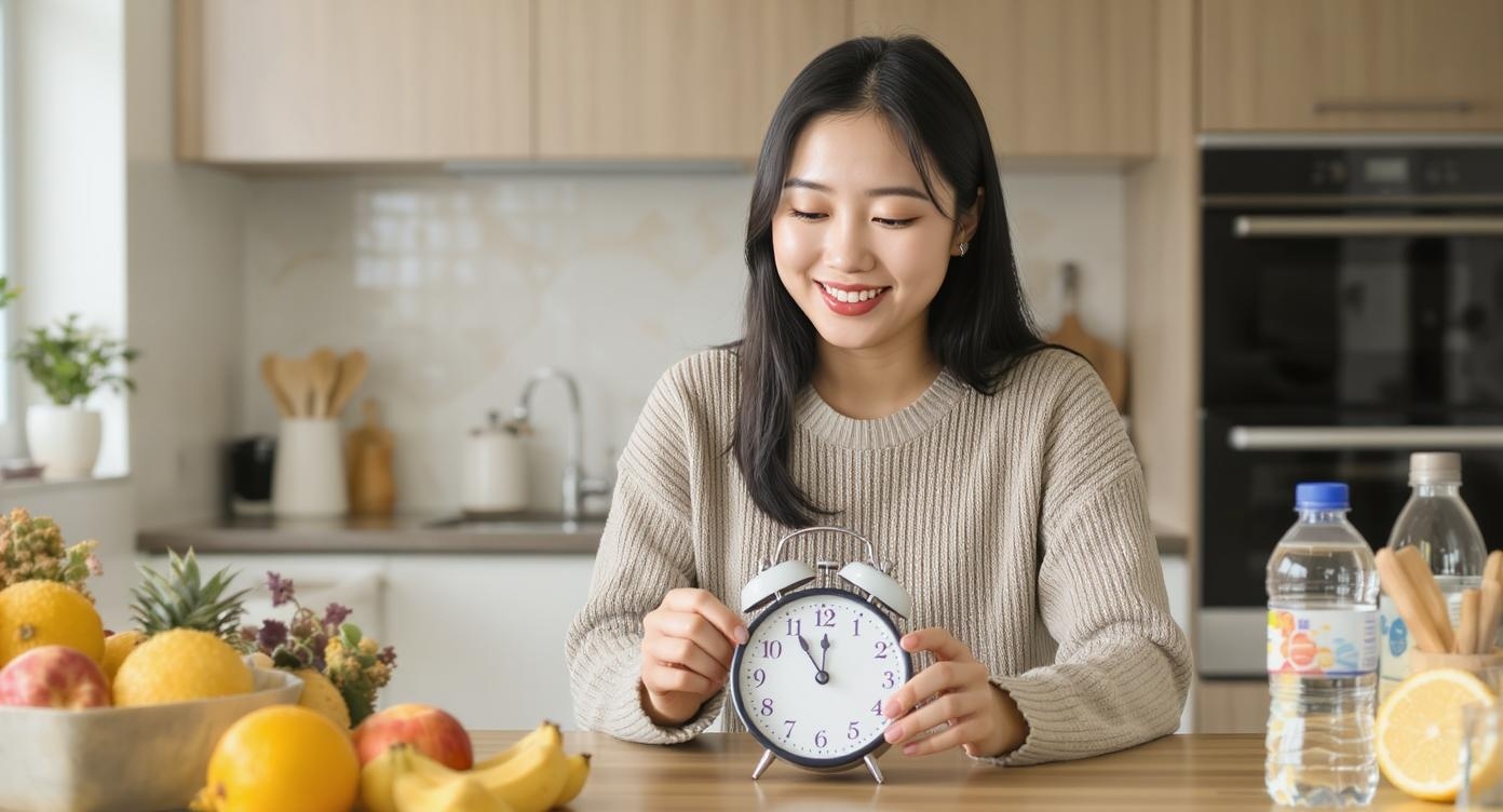 건강한 간헐적 단식을 실천하는 젊은 여성이 시계를 보며 미소짓고 있는 모습, 깔끔한 주방에 신선한 과일과 물이 놓여있음