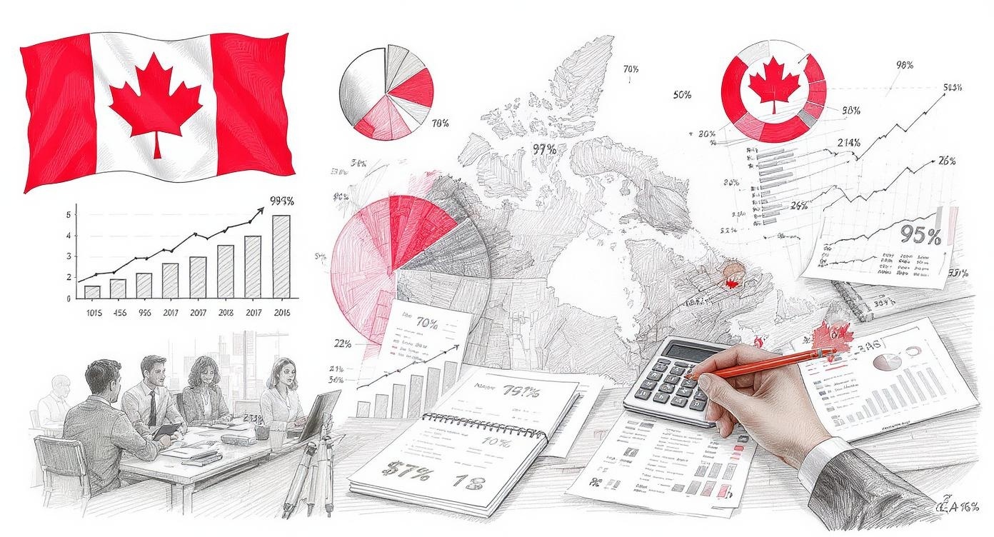 Canadian business statistics showing AI adoption percentages and data visualizations with maple leaf elements