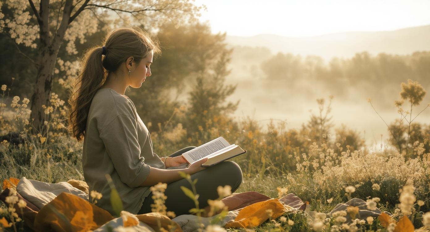Person reading Bible in yoga pose in nature