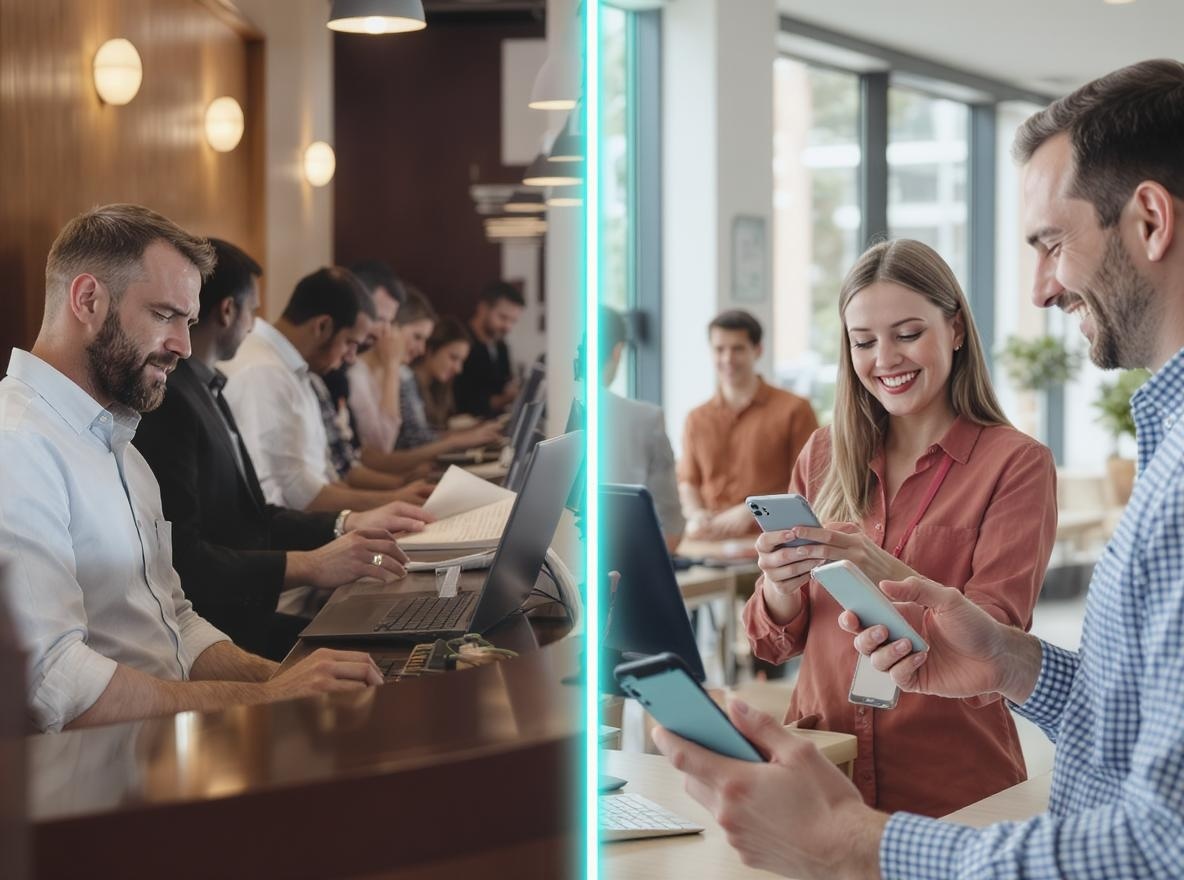 Comparison showing frustrated customers waiting in traditional service line vs happy customers with instant digital responses