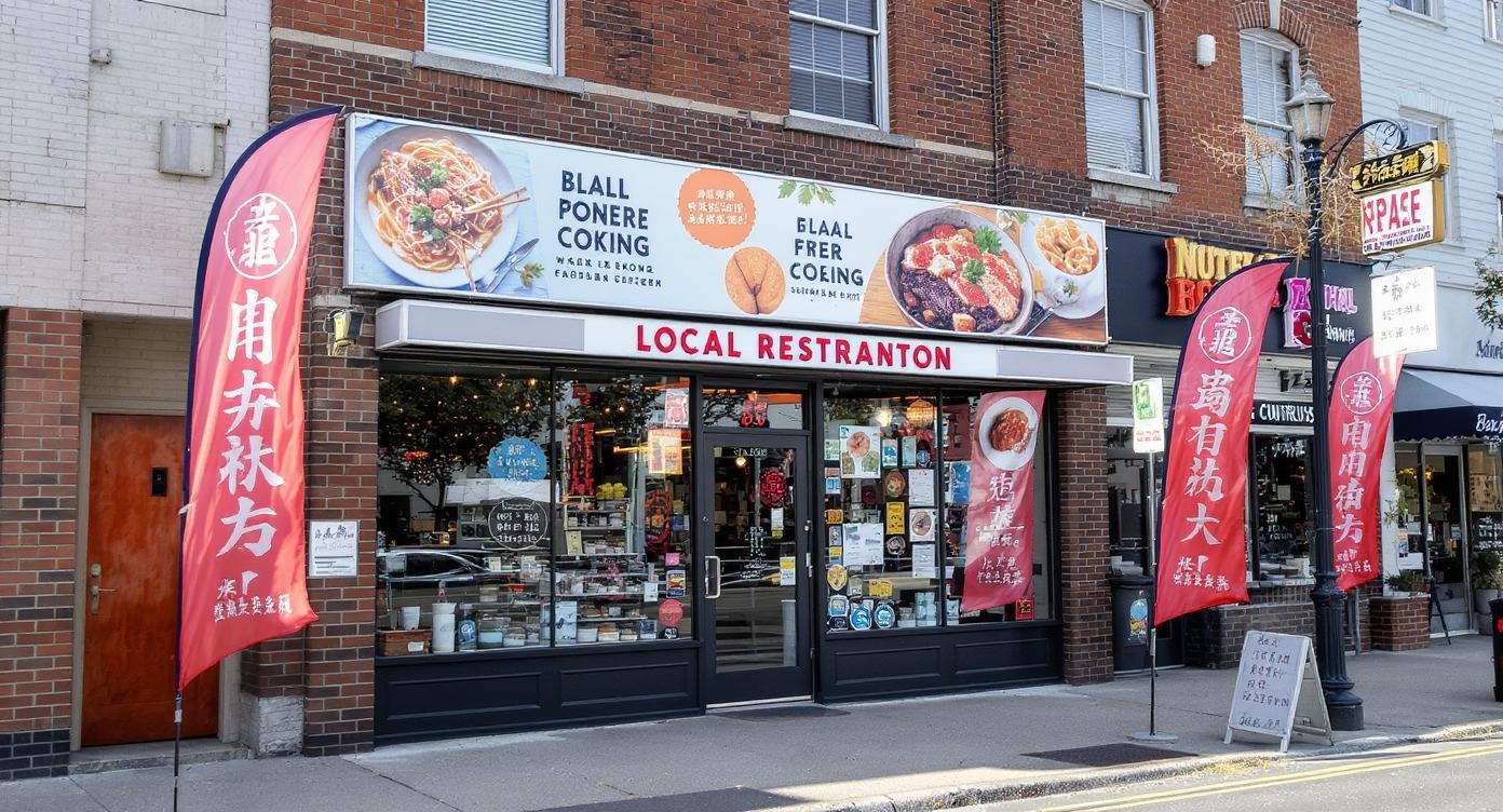 Small business storefront with attractive outdoor advertising banners