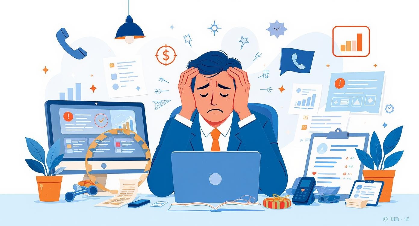 Business owner overwhelmed by manual tasks and digital notifications