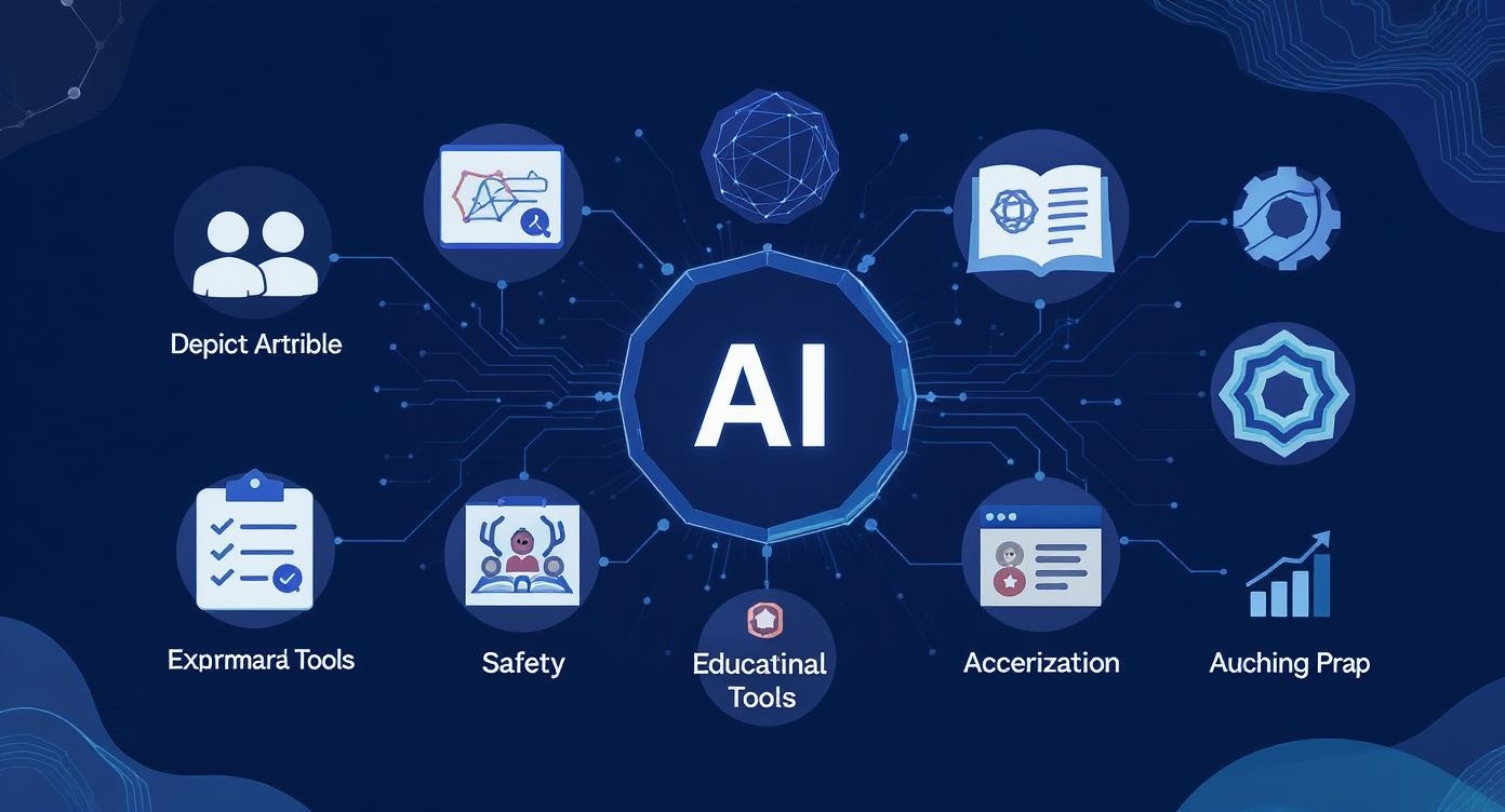 A collage of educational and technology icons, such as a robot head and a graduation cap, illustrating various AI educational tools.